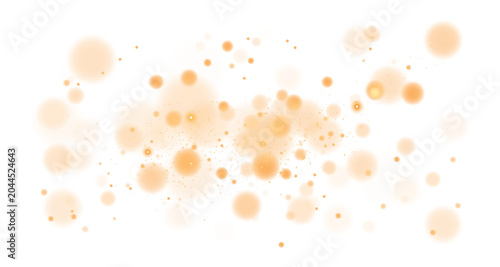 Golden glowing bokeh background with magic dust particles isolated on transparent. Vibrant shine sparkle PNG.