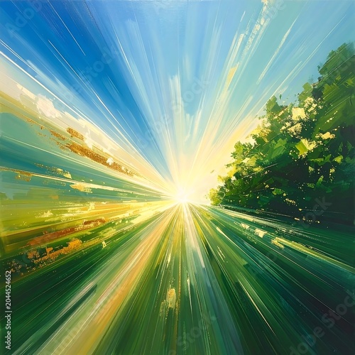 Vibrant sunny road with radiant beams and lush greenery