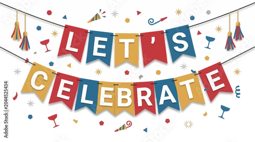 Let's Celebrate Banner with Confetti, Party Horns, and Festive Bunting