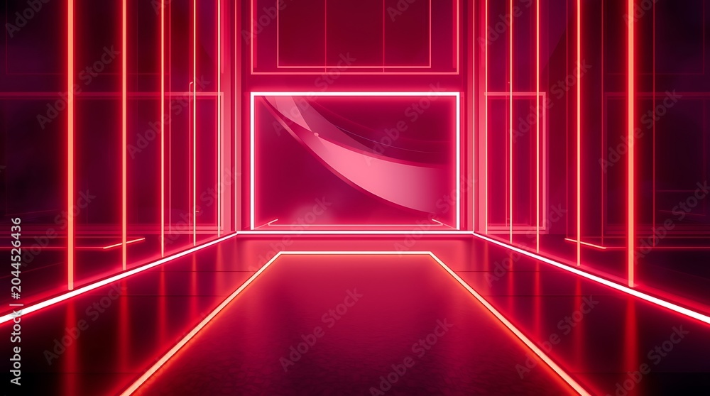 Fototapeta premium Futuristic Neon Corridor with Glowing Red Lights and Reflections.