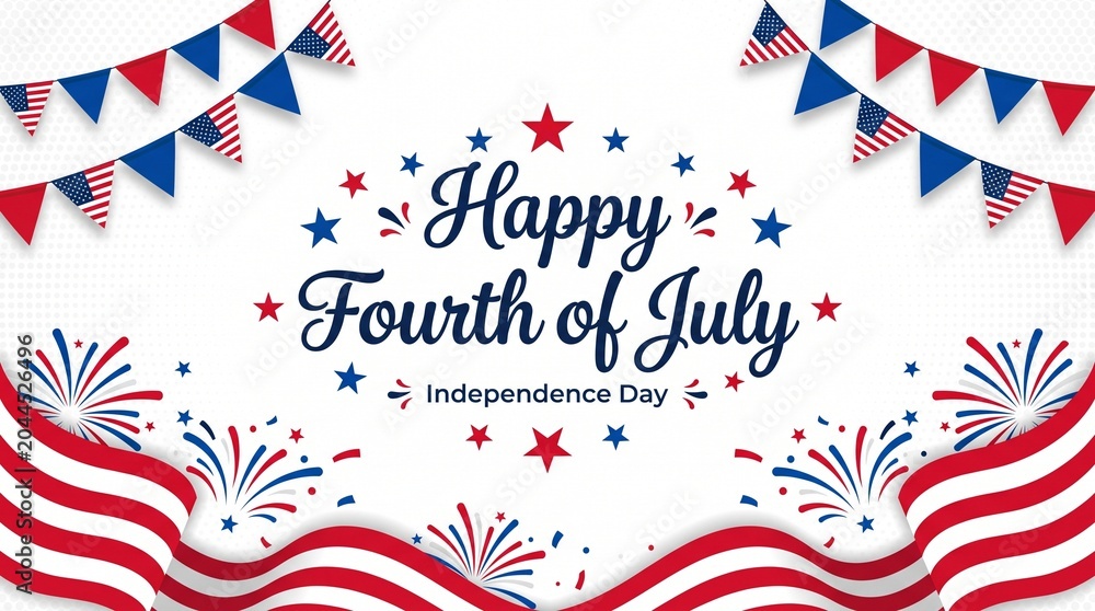 Obraz premium Happy 4th of July, USA Independence Day with waving American national, garlands on top fireworks on the white background, use for sale banner, discount banner, advertisement banner, etc
