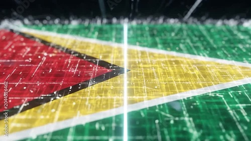 Digital representation of the Flag of Guyana with glowing particles and circuit