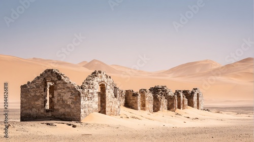 Weathered stone ruins partially covered by rolling sand dunes in a vast desert landscape, perfect for travel brochures or conceptual historical backgrounds.
