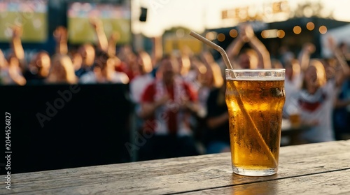 A cold glass of beer on a wooden table at a sports bar with a cheering crowd in the background.