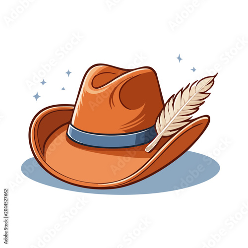 Illustration of a brown cowboy hat with a feather and blue band