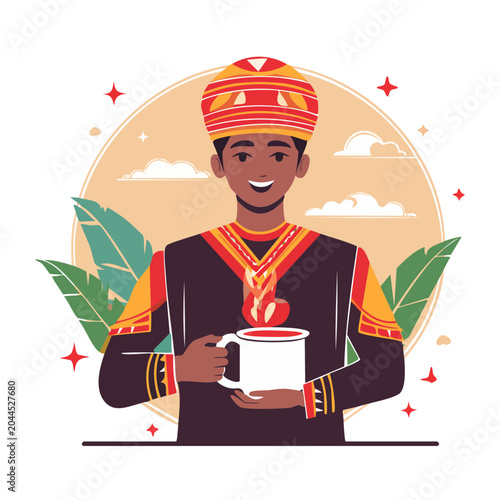 Man in traditional attire holding a mug of hot beverage