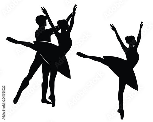 beautiful ballet dancers pair performing - man holding graceful ballerina woman wearing tutu black and white vector silhouette scene