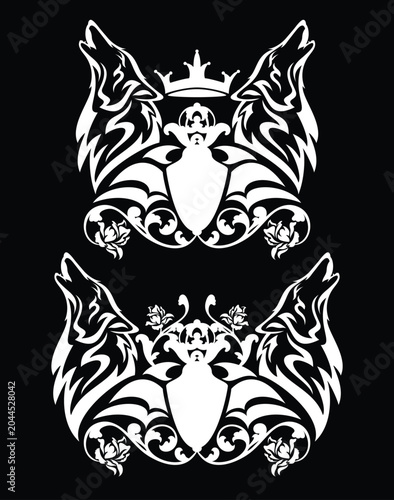 pair of howling wolf side view heads with blank heraldic shield, king crown and rose flowers decor - fantasy royal coat of arms white vector outline design over black background