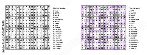 Word search puzzle for adults and children with hidden words  on the topic of Geography