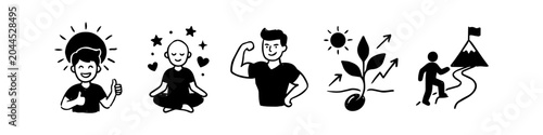Tableau sur toile Hand-drawn icons representing personal growth, mental health, physical strength, progress, and success