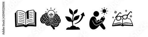фотографія Set of hand-drawn icons representing education, personal growth, and creativity: open book, brain with lightbulb, growing plant, reader, and vision glasses