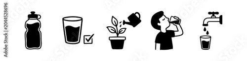 Vászonkép Set of hand-drawn icons illustrating hydration habits, including a water bottle, glass with checkmark, watering a plant, a person drinking water, and a tap filling a glass