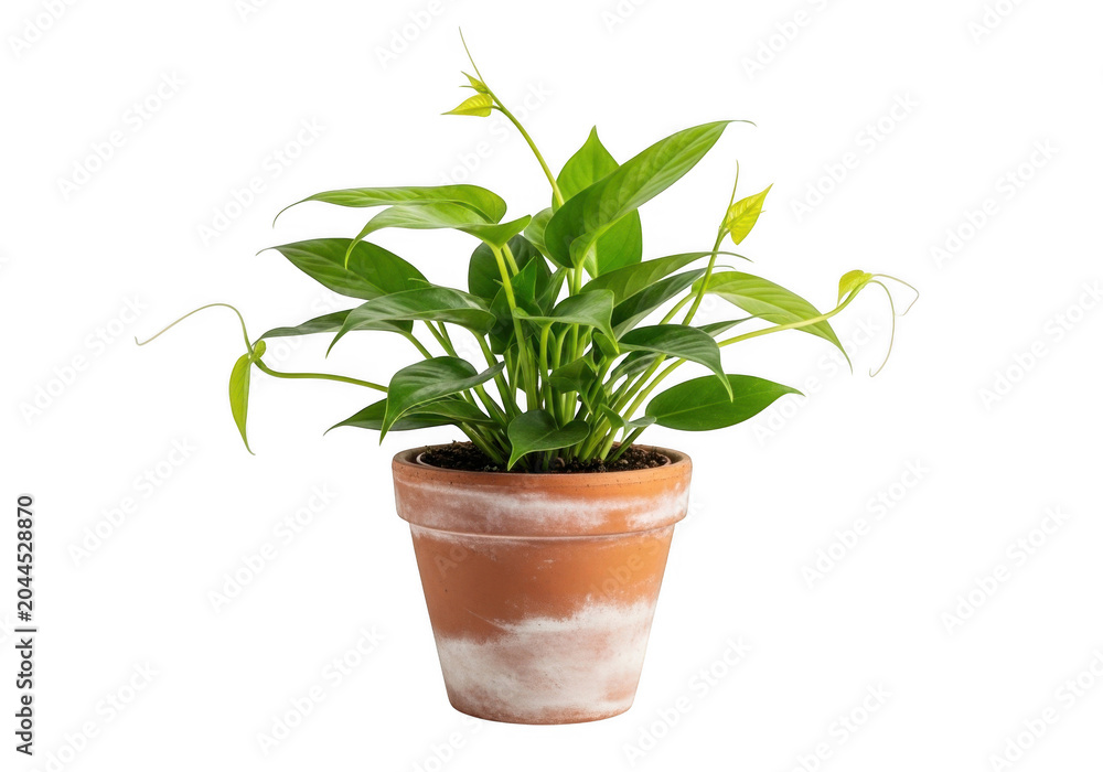 Fototapeta premium Potted philodendron plant with vibrant green heart-shaped leaves in a weathered terracotta clay pot isolated on a solid black background