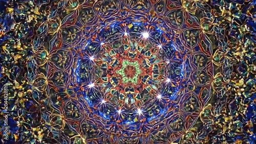 A vibrant and intricate kaleidoscope pattern creates a mesmerizing abstract