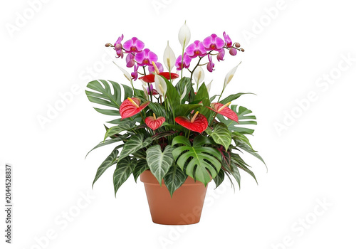 Potted arrangement featuring purple orchids, red anthurium flowers, white peace lilies, and green monstera leaves in a terracotta pot
