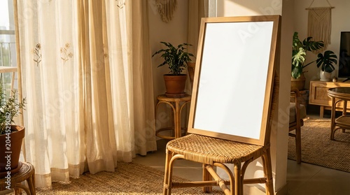Blank vertical wooden picture frame resting on a wicker chair in a sunny cozy interior room.