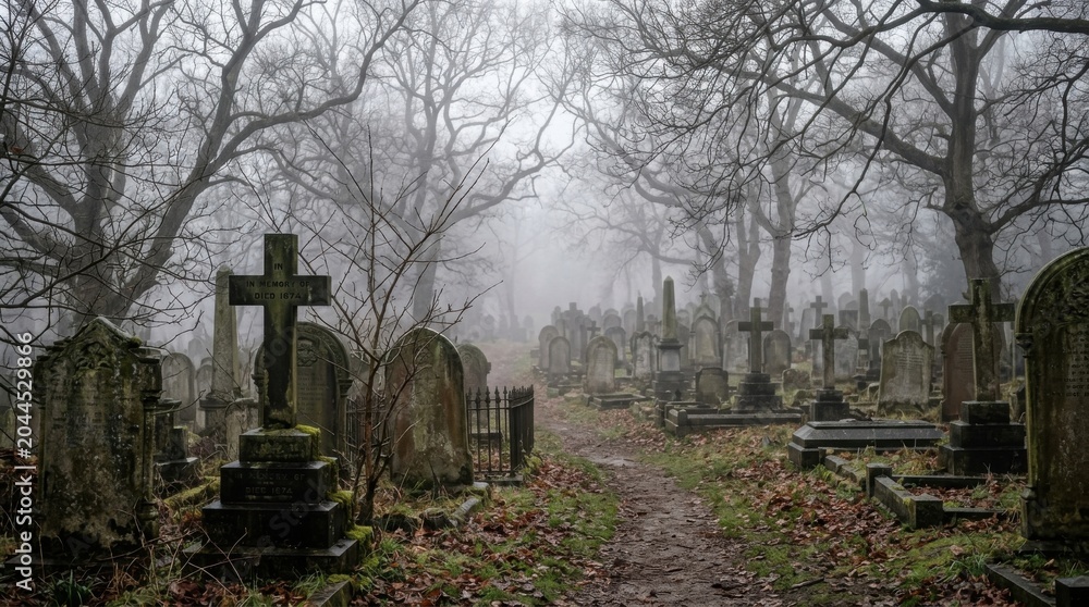 Fototapeta premium Foggy Cemetery Path Surrounded by Trees and Gravestones