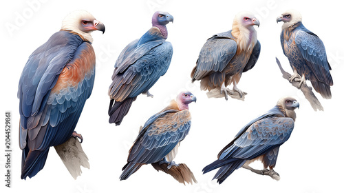 Birds in various poses on branches