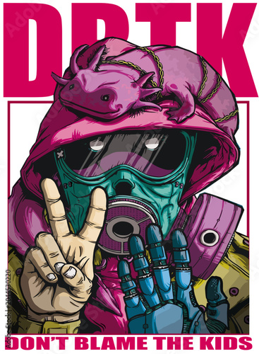 Cyberpunk urban graphic of a character wearing a pink hoodie with an axolotl, a futuristic gas mask, and cyber gloves, text Dont Blame The Kids