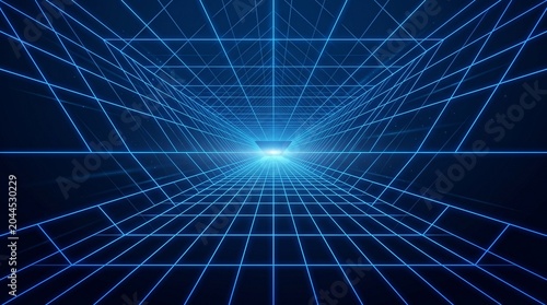 Grid lines recede into a central glowing point to form a digital perspective tunnel on a dark blue background.