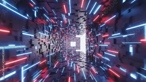 Fast moving through a futuristic digital tunnel with neon lights