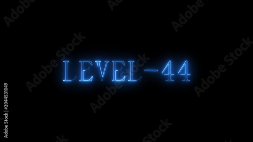 Neon blue glowing text displaying level 44 on a dark black background typography