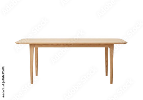 Rectangular light oak wood dining table with tapered legs, isolated on a solid black background, front view of furniture