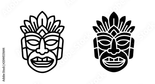 Schilderij op canvas Tribal Mask Icons, Polynesian Tiki Face Symbols, Ancient Culture Vector Graphics