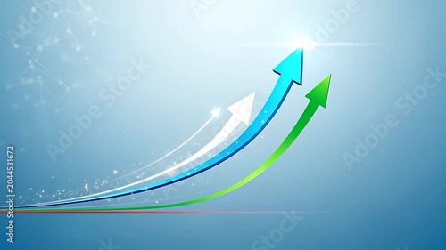 Dynamic blue and green arrows ascend towards a bright light, symbolizing