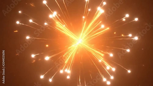 Dynamic orange light trails illuminate a dark background with vibrant energy