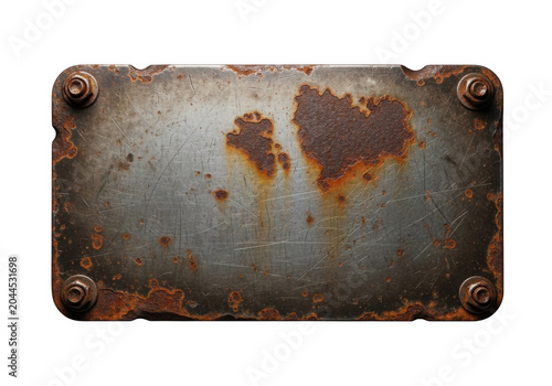 Rectangular metal plate with heavy rust patches, surface scratches, and four industrial bolts at the corners, isolated on a black background