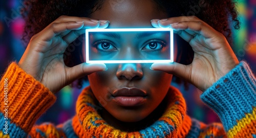Neon-lit portrait of a woman holding a glowing rectangular frame over her eyes, wearing a vibrant multicolored knit sweater against a blurred, colorful background.