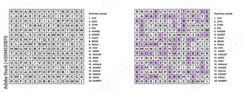 A fillword puzzle for adults and children featuring 20 hidden words  on the topic of Animals.