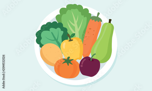 Fresh organic vegetables fruits plate vector illustration