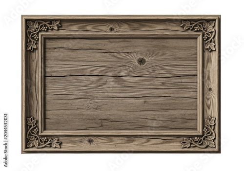 Rectangular rustic wooden frame with carved leaf corner details and a weathered, cracked wood grain texture, isolated on a black background