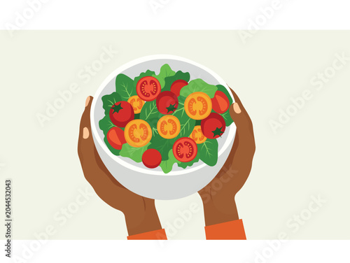 Hands holding fresh vegetable salad bowl vector
