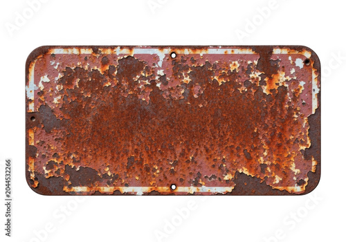 Rectangular metal sign with heavy brown rust, peeling paint, and weathered texture isolated on a solid black background
