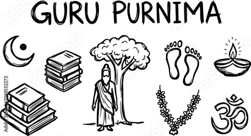 Obraz na plátne Guru Purnima religious  spiritual festival concept doodle line art