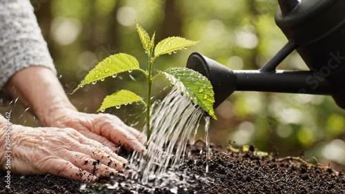 Hands Planting Young Green Sapling in Rich Soil Outdoors