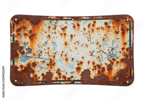 Rectangular vintage metal sign with heavy orange rust, peeling white paint, and dark blue border edges isolated on a black background