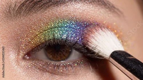 Sparkling Glitter Eyeshadow Applying with Soft Brush Close Up