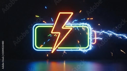 Neon glowing battery icon with a lightning bolt symbolizing fast charging