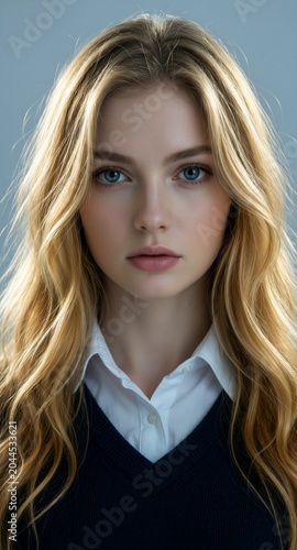 Beautiful young woman with striking blue eyes and long blonde hair, wearing a white collared shirt under a dark sweater, set against a soft blue background.