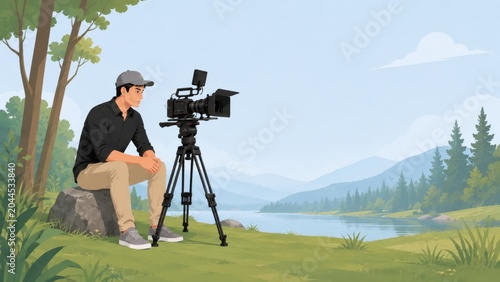 Young Male Cinematographer Operating Tripod Camera in Open Meadow Landscape