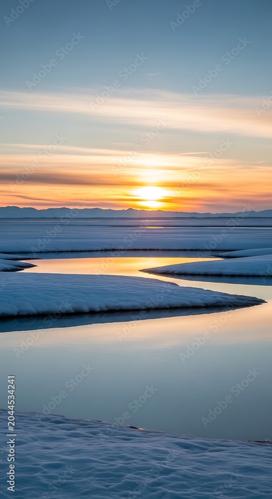 Fototapeta premium Serene snowy landscape at sunset.