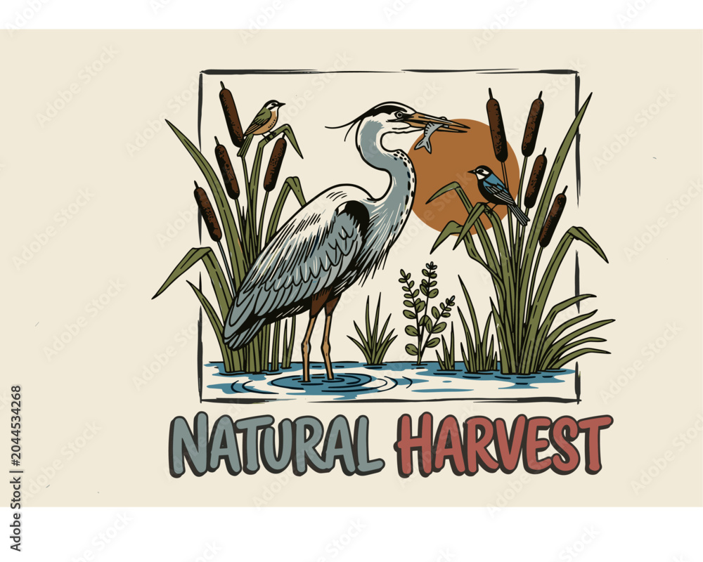 Naklejka premium Natural harvest. Heron bird vintage print design for t shirt. Wetland wildlife artwork. Explore nature.