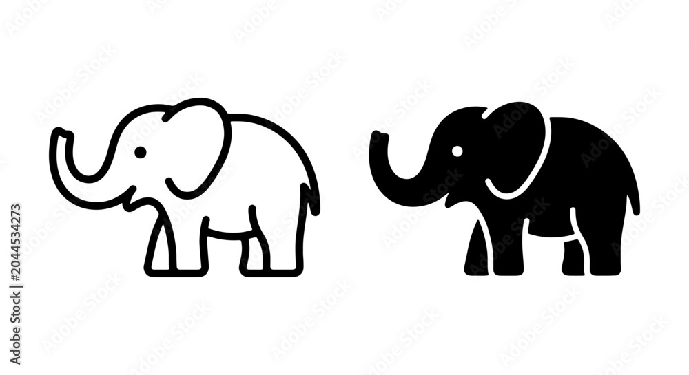Fototapeta premium Elephant Icons: Simple Outline and Solid Black Vector Graphics for Wildlife and Safari Themes