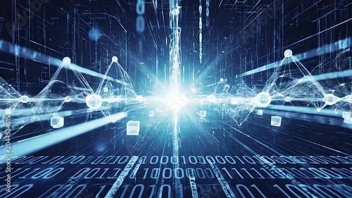 Abstract digital data stream with binary code and glowing light