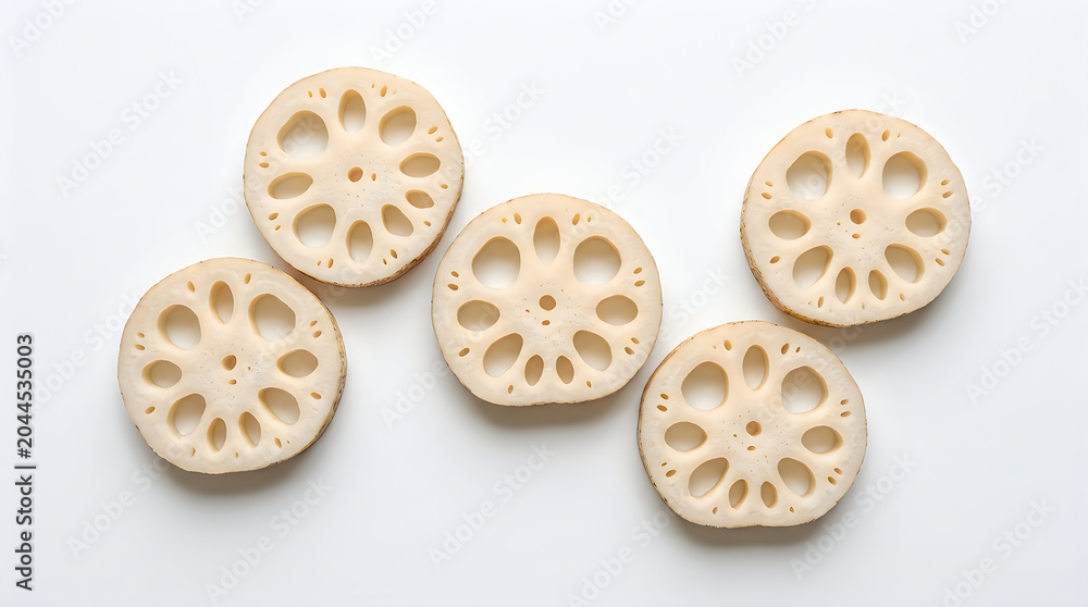 Fototapeta premium Sliced lotus root on a white background with holes and patterns