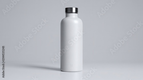 White matte insulated reusable water bottle with silver cap on minimalist background